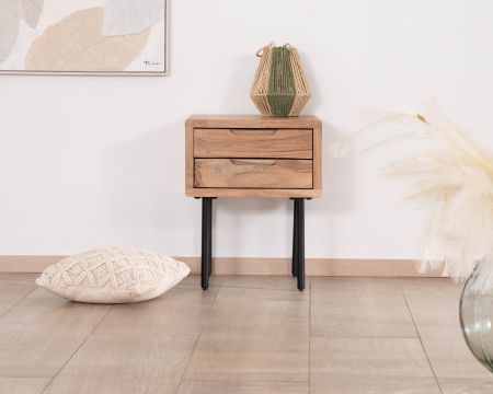 Comodino a 2 cassetti "Alto" in acacia naturale e metallo