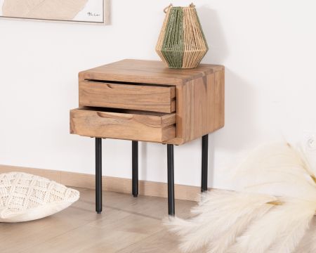 Comodino a 2 cassetti "Alto" in acacia naturale e metallo