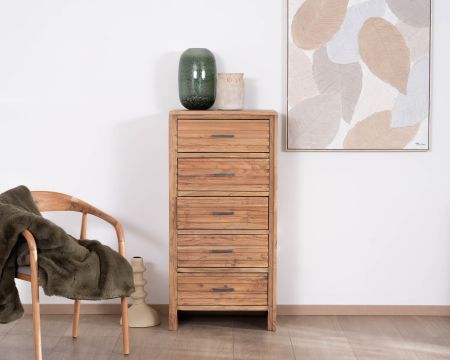 Cassettone verticale a 5 cassetti "Conoa" in acacia con frontali scanalati