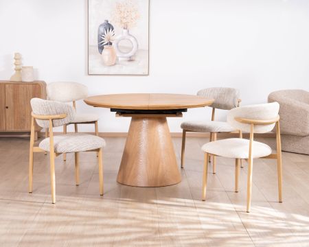 Tavolo da pranzo rotondo "Oria" da 120 cm, allungabile da 160 cm, stile raffinato, finitura frassino