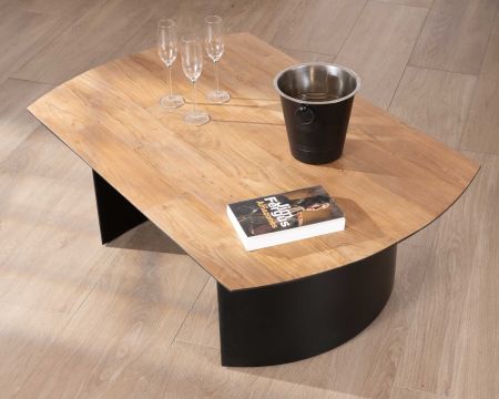 Tavolino in teak di recupero "Troms" da 120 cm con gambe a mezza sfera in metallo nero