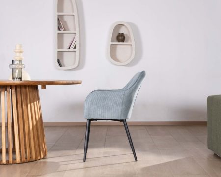 Sedia da pranzo contemporanea "Scotty" in velluto a coste blu chiaro con gambe in metallo nero