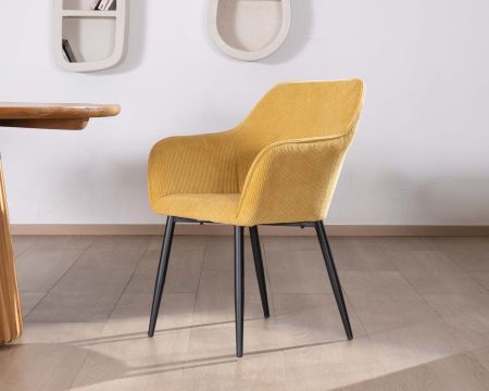 Sedia da pranzo con braccioli in velluto a coste giallo "Scotty" e gambe in metallo nero