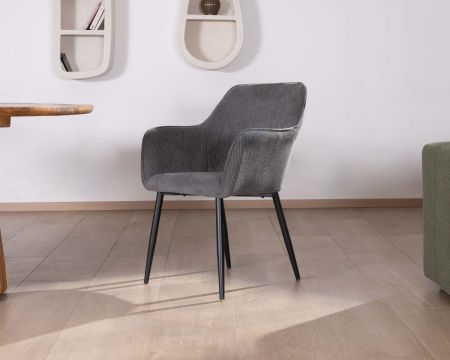 Sedia da pranzo contemporanea "Scotty" in tessuto di velluto grigio scuro con braccioli e gambe in metallo nero