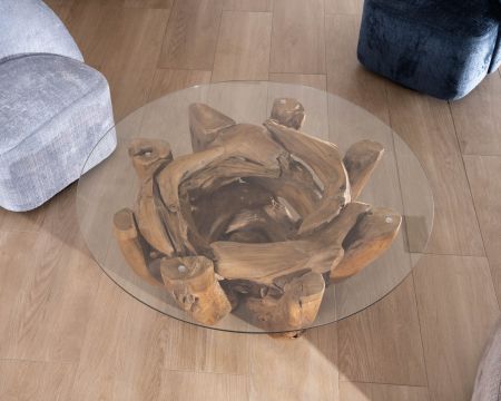 Tavolino rotondo "Kanoa" da 120 cm in legno driftwood e piano in vetro