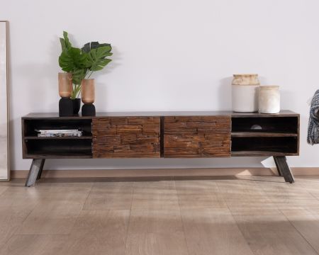 Panchina TV "Crescendo" in legno riciclato e gambe in metallo, 200 cm