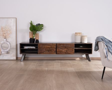 Panchina TV "Crescendo" in legno riciclato e gambe in metallo, 200 cm