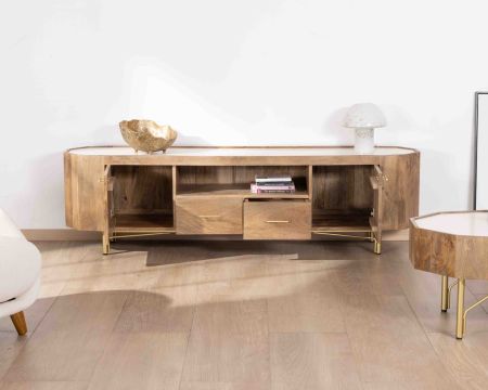 Mobile TV retrò-chic da 180 cm con piano in terrazzo bianco "Bruges