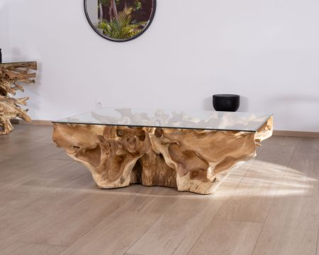 Tavolino "Jungle" in radice di teak naturale con piano rettangolare in vetro