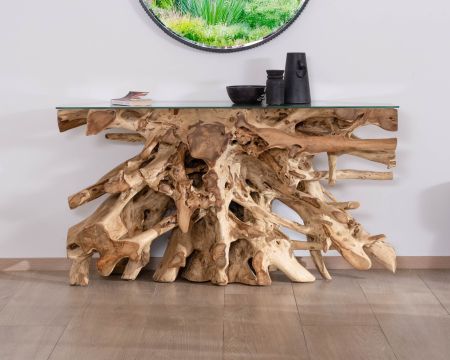 Consolle con radice in teak naturale e piano in vetro "Jungle