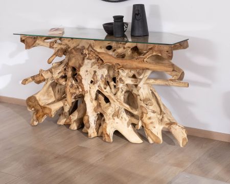 Consolle con radice in teak naturale e piano in vetro "Jungle
