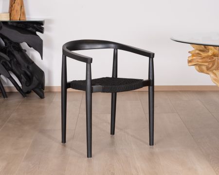 Set di 4 eleganti sedie "Tiska" in legno nero e corda intrecciata