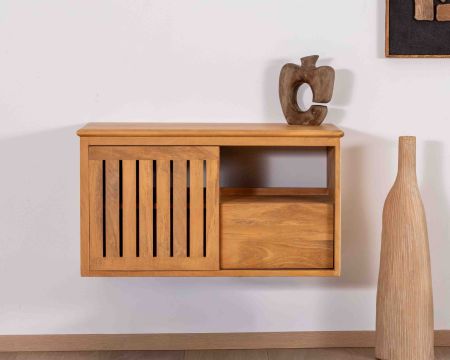 Mobiletto sospeso "Bulle" da 90 cm in legno di mango tinto rovere chiaro
