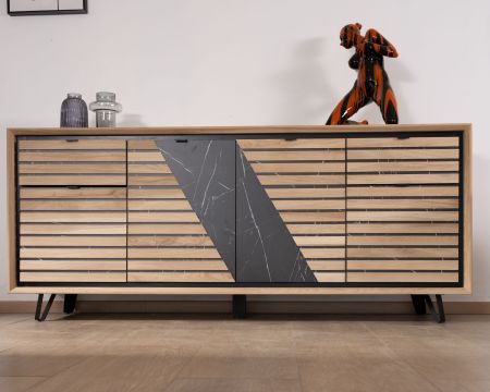 Credenza da 200 cm in rovere sbiancato e decoro "Storia" con effetto marmo