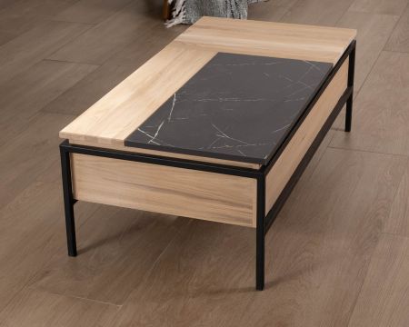 Tavolino con piano multimodulare in rovere sbiancato e decoro di design effetto marmo "Storia"