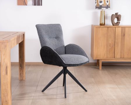 Set di 2 sedie "Eddy" in tessuto bi-materiale antracite con braccioli e base girevole in metallo