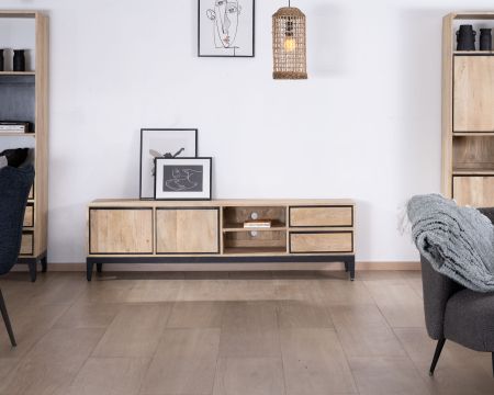 Grande mobile TV bicolore in legno di mango con ante, nicchie e cassetti "Bocca" 180 cm
