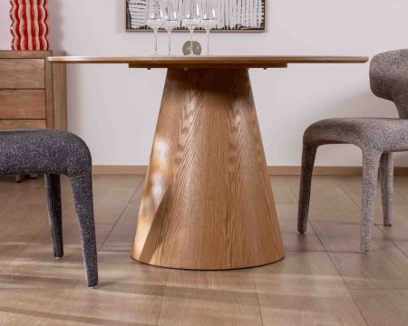 Tavolo rotondo "Oria" da 120 cm con piano in ceramica effetto marmo bianco e gambe in rovere