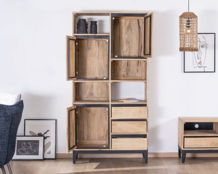 Libreria design destrutturata "Bocca" in legno di mango con bordo nero