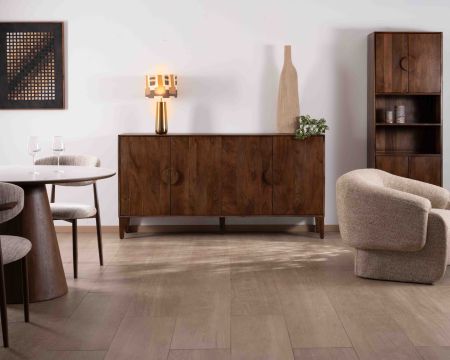 Credenza retrò a 4 ante in legno massiccio di mango scuro 180 cm "Kaldo" stile metà secolo