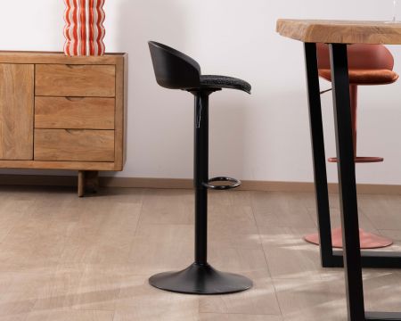 Sgabello da bar regolabile di design "Oja" con seduta in tessuto nero testurizzato