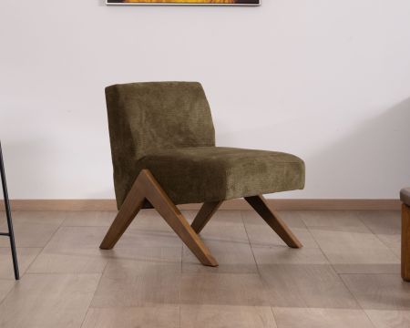 Poltrona "Tolga" in stile vintage in tessuto verde kaki chiaro con gambe a boomerang in legno