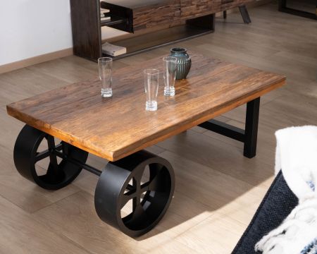 Tavolino in legno di recupero "Carriola" con ruote in metallo