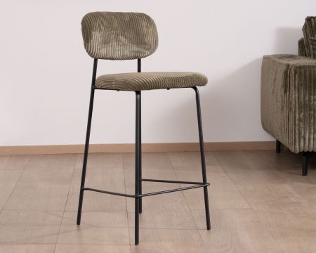 Set di 4 sedie da bar "Kulmino" in velluto a coste color kaki retrò con gambe in metallo nero
