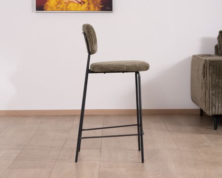 Set di 4 sedie da bar "Kulmino" in velluto a coste color kaki retrò con gambe in metallo nero
