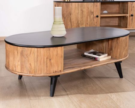 Tavolino rotondo vintage "Boogie" in legno di acacia naturale e nero