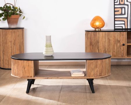Tavolino rotondo vintage "Boogie" in legno di acacia naturale e nero