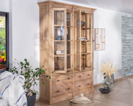 Armadio per porcellane in mango massiccio "Santa" da 170 cm con ante e cassetti in vetro