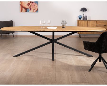Tavolo da pranzo XXL da 280 cm in teak di recupero con gambe Mikado "Bahia" a forma di barca