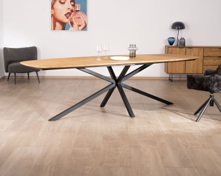 Tavolo da pranzo XXL da 280 cm in teak di recupero con gambe Mikado "Bahia" a forma di barca