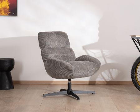 Poltrona retrò "Bisset" in tessuto grigio e base girevole in metallo nero