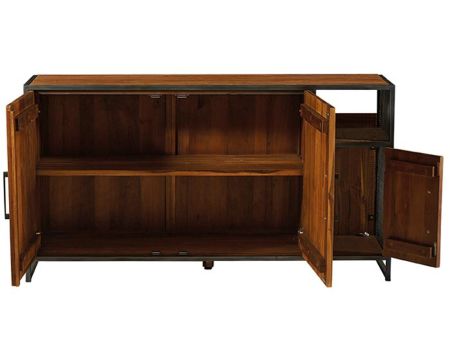 Credenza bassa "Athena" in teak di recupero e ferro antico con 3 ante e 1 nicchia
