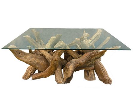 Tavolino da caffè "Farmer" in teak naturale rigenerato con radice in vetro