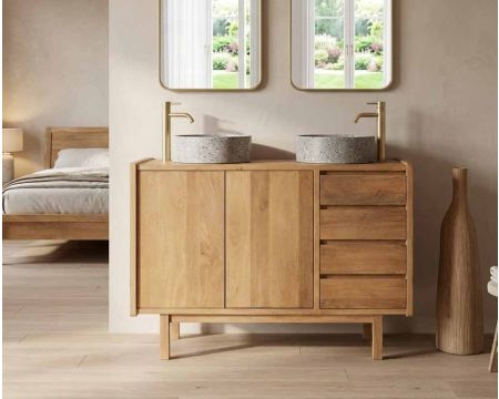 Mobiletto da 120 cm "Kahiko" con ante e cassetti in legno di mango tinto rovere chiaro