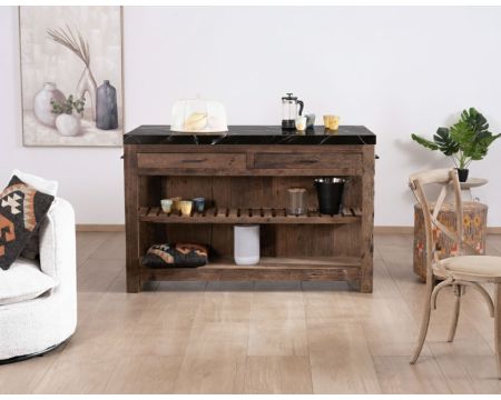  Blocco cucina "Grana" in teak di recupero con piano in marmo nero