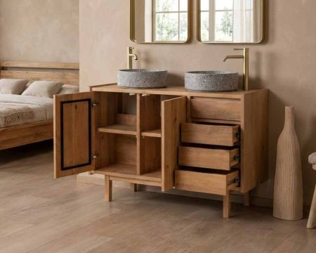 Mobiletto da 120 cm "Kahiko" con ante e cassetti in legno di mango tinto rovere chiaro