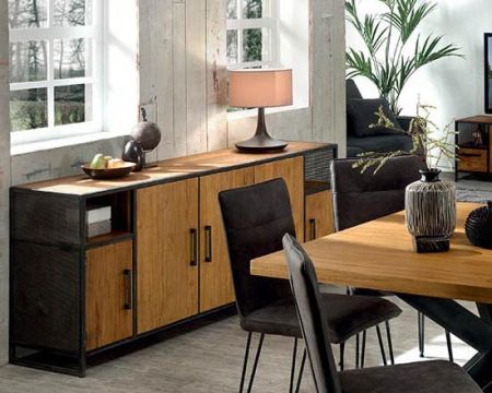 Credenza grande a 5 ante "Athena" in teak naturale rigenerato e metallo