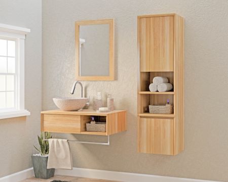 Mobiletto sospeso "Tika" in teak con portasciugamani da 80 cm