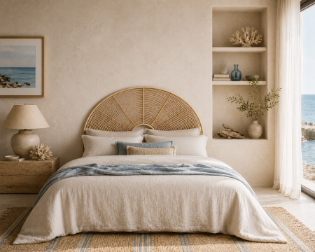 Testiera rotonda in stile etnico da 140 cm in rattan "Solira