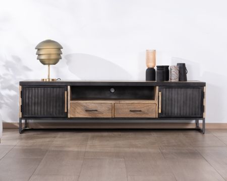 Grande panca TV da 180 cm in metallo scanalato e legno di mango "Kazag