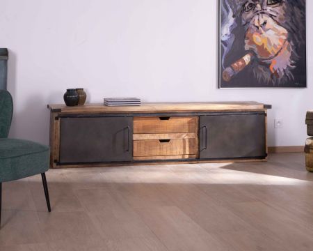 Grande porta TV "Caractère" 200 cm a 2 ante e 2 cassetti in metallo e legno