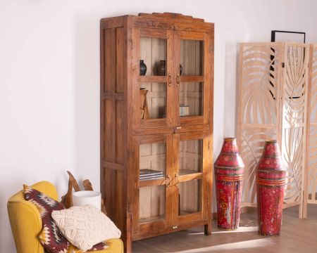 Armadio grande "Batti" in metallo e legno riciclato con ante in vetro