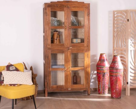 Armadio grande "Batti" in metallo e legno riciclato con ante in vetro