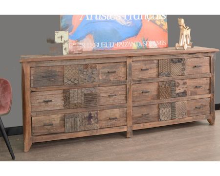 Cassettiera bassa "nepalese" di 195 cm in legno di recupero con 6 cassetti