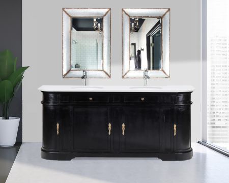 Mobile lavabo doppio "Églantine" con angoli arrotondati in legno nero e quarzo bianco