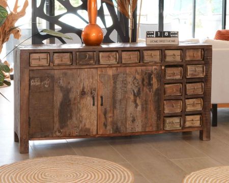 Buffet etnico basso in legno esotico grezzo di recupero 150 cm "Nepalese